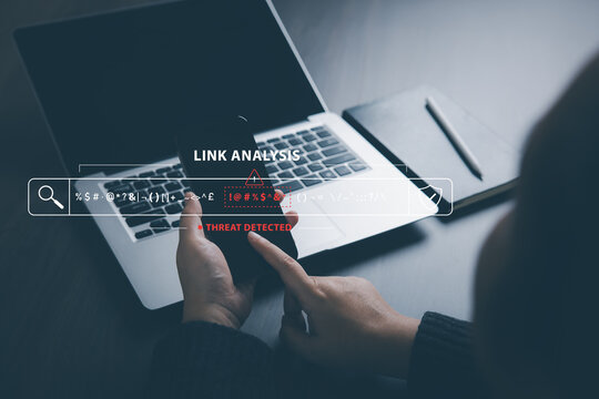 Cybersecurity concept showing phishing link analysis, malicious URL detection and threat warning, representing online fraud prevention, web security and digital protection.
