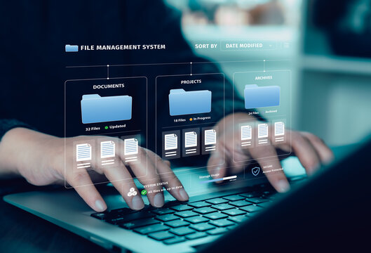 Enterprise file management system organizing documents, projects and archives with secure access and storage status for digital records, workflow and office productivity.
