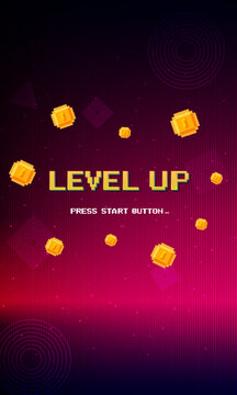 Level up. pixel art 8 bit. Retro Futurism Sci-Fi Background. glowing neon grid. and stars from vintage arcade computer games. Vertical Backgrounds