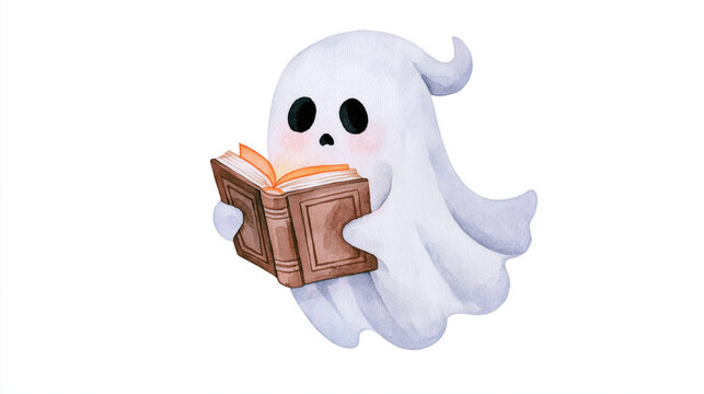 Cute watercolor ghost reading old book isolated on white background