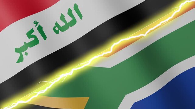 Two waving flags Iraq and South Africa with diagonal lightning seamless, 4k loop