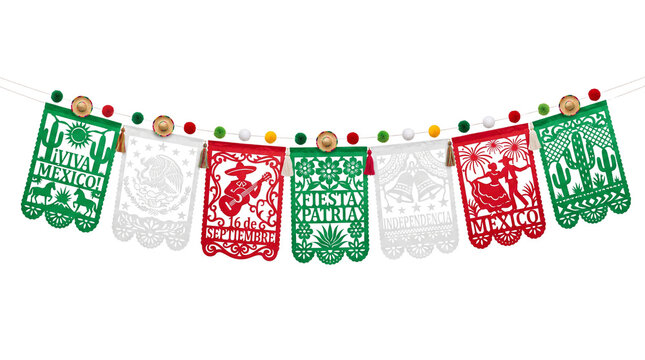 Mexican papel picado banner with festive flags. Traditional party garland for Cinco de Mayo. Green white and red paper decorations on white background.