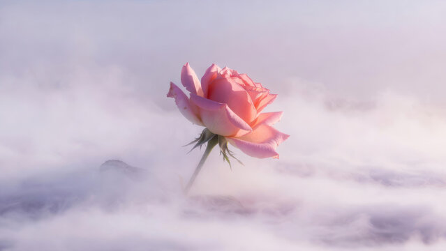 Desktop wallpaper soft pink rose floating above misty cloudscape in gentle morning light evoking calm and delicate serenity