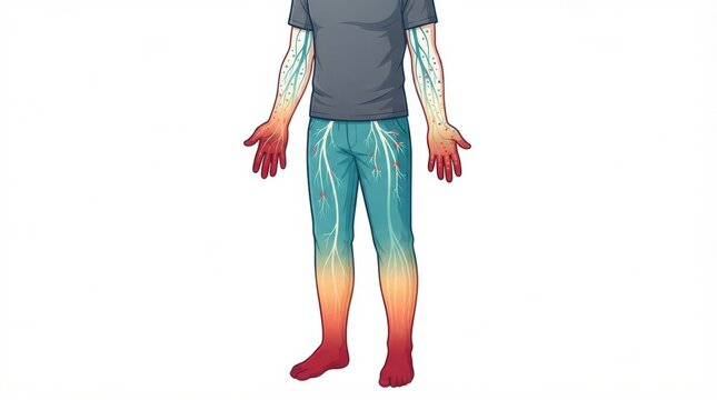 Illustration depicts peripheral nerve anatomy, including nerve plexus and dermatome patterns on a human figure.