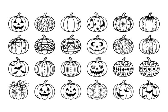 A set of black and white Halloween pumpkin illustrations with various designs