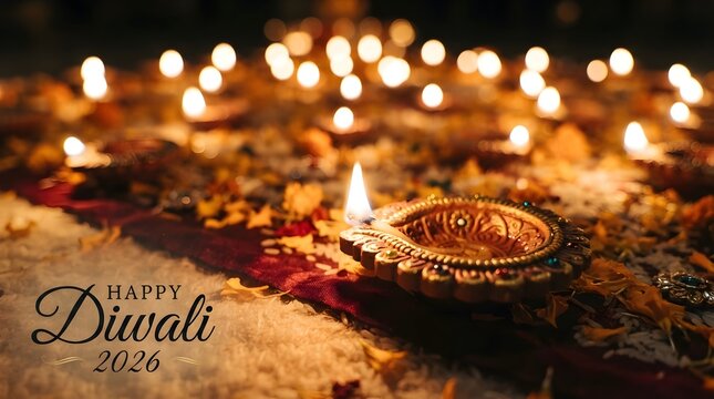 Happy diwali 2026 greeting card with a beautifully decorated lit diya lamp on a bed of flower petals and rice