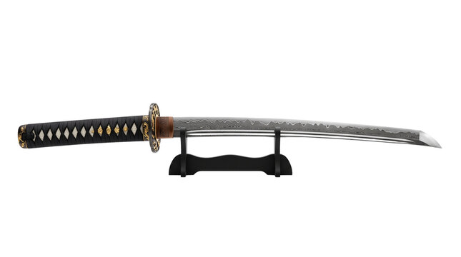 Japanese katana sword on black display stand, traditional samurai blade with damascus steel pattern, antique wakizashi weapon isolated on white