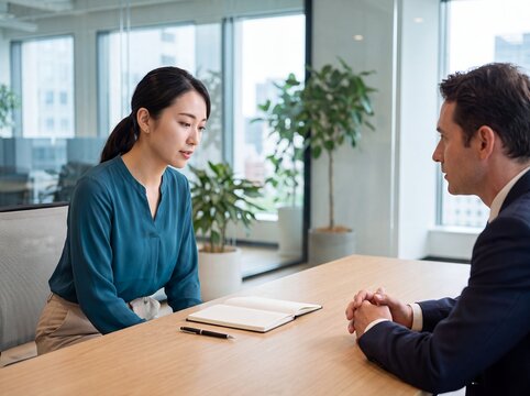job interview woman candidate office recruiter career employment professional serious Asian applicant listens carefully during a formal one to one interview for recruitment and career coaching content
