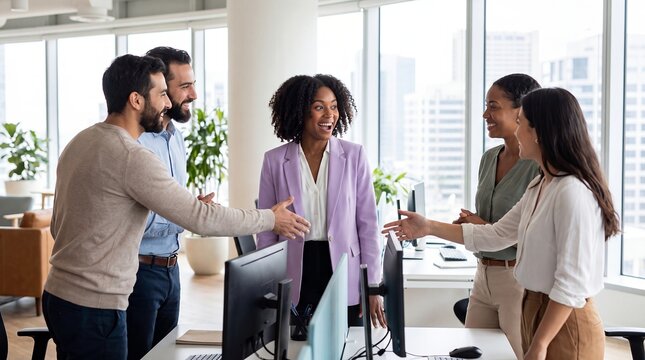 business team handshake office greeting colleagues professional diverse partnership collaboration new coworkers welcome one another beside desks in an open workspace for corporate marketing content