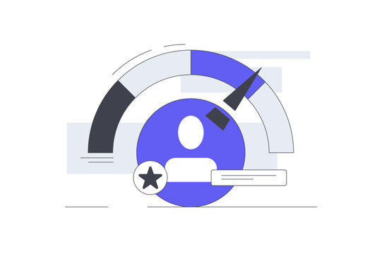 Professional Evaluation Rating and Performance Audition Service. User Profile Icon with Quality Rating Gauge Scale and Star Badge. Flat Cartoon Vector Illustration icon Stylish abstract design landing