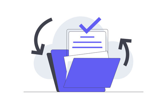 Secure Data Archive and Automated Cloud System Backup. Open Folder with Approved Document Page and Circular Refresh Arrows. Flat Cartoon Vector Illustration, icon Stylish abstract design landing page 