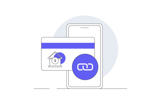 Online Payment Gateway Integration and Connect Bank Account. Smartphone Screen with Credit Card Link Badge and Banking Icon. Flat Cartoon Vector Illustration, icon Stylish abstract design landing page