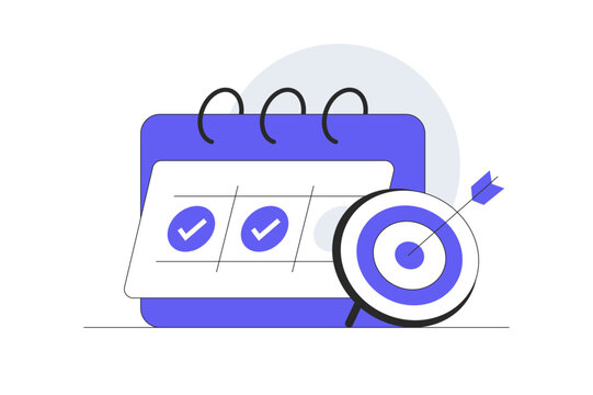 Business Target Achievement Strategy and Milestone Goal Tracking. Calendar Schedule Board with Completed Check Marks and Target Dart. Flat Cartoon Vector Illustration, icon Stylish abstract design web