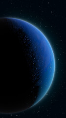 Dark blue planet with a glowing atmospheric rim and textured cratered surface against a distant starfield. © Bolbik