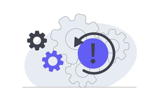 Technical System Maintenance and System Processing Loading Tap. Refresh Arrow with Alert Sign and Rotating Mechanical Gears. Flat Cartoon Vector Illustration, icon Stylish abstract design landing page