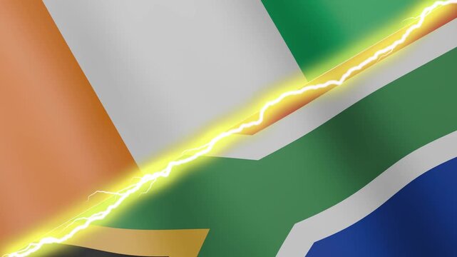 Two waving flags Ivory Coast and South Africa with diagonal lightning seamless, 4k loop