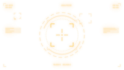 Futuristic AR HUD overlay, scanning grid display in amber orange, sci-fi user interface with side gauges and corner readouts on transparent background © Nirosim