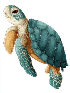 Cute Sea Turtle Illustration With Teal Shell And Tan Skin Isolated On Clean White Background