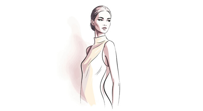 Elegant fashion illustration of a woman with a high-neck top, looking gracefully over her shoulder in a minimalist sketch style.
