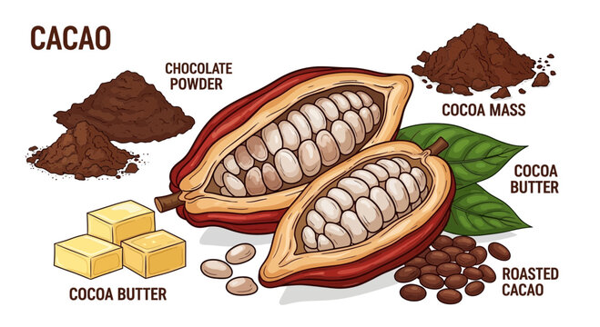 Illustration showing the process and products derived from cacao beans, including cocoa butter, powder, and mass.