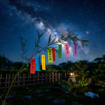 Tanabata bamboo branch with colorful tanzaku wish papers, Japanese star festival celebration under the Milky Way galaxy night sky