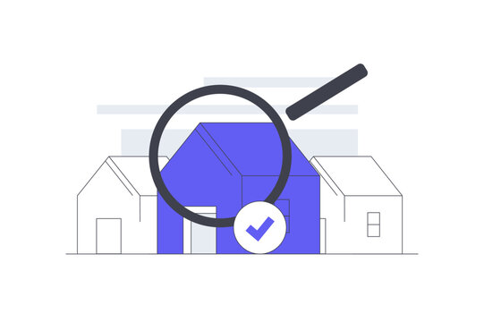 Real Estate Inspection and Commercial Property Sale Search. Magnifying Glass Analyzing House Icon with Verification Check Mark. Flat Cartoon Vector Illustration, icon Stylish abstract design landing 