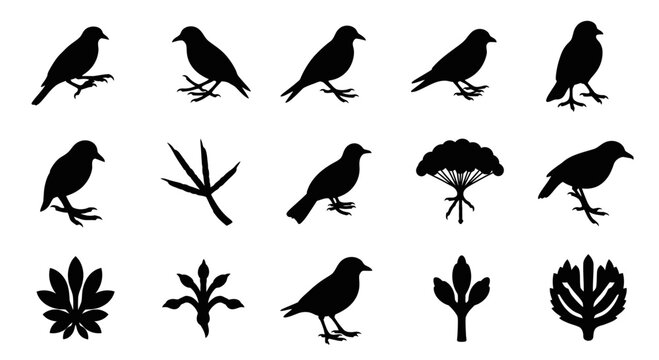 A collection of black silhouettes featuring various birds, trees, and plant leaves on a white background, showcasing natural forms.