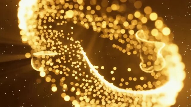 Golden abstract shapes and particles flow dynamically through a dark background, creating a mesmerizing visual effect with shimmering light and depth perception