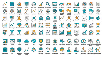 Naklejka premium A Comprehensive Collection of Data Science and Machine Learning Icons for Business Analytics and Technology Projects