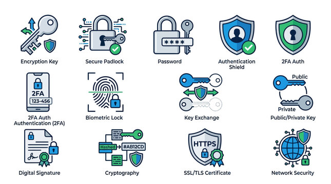 Set of flat vector icons illustrating cryptographic security concepts and digital data protection protocols