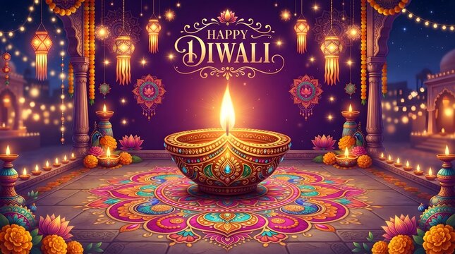 Happy diwali festive background with a large ornate diya lamp, colorful rangoli, and hanging lanterns in a traditional setting