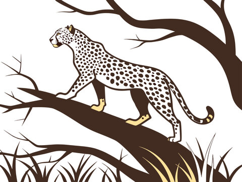 Stylized illustration of a wild leopard walking along a large tree branch in the african savanna
