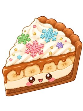 Adorable winter-themed banoffee pie illustration featuring colorful snowflakes and star sprinkles, showcasing delicious textures and an isolated white background perfect for seasonal designs.