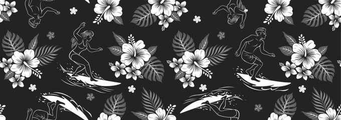 Seamless Hawaiian Pattern with Man and Woman Surfing, Hibiscus Flowers, Black Leaves and Branches on Black Background, Tropical Summer Shirt Fabric Print, Floral Textile Design. © kirkchai