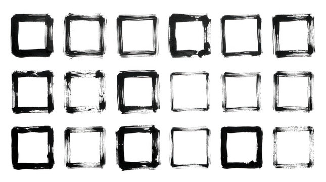 Set of fifteen hand drawn square frames with rough distressed texture edges isolated on transparent background
