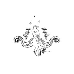 Naklejka premium Mystical Raven with Octopus Tentacles, Snake and Mushrooms, Gothic Witchy Dark Fantasy Hand Drawn Line Art Vector Illustration
