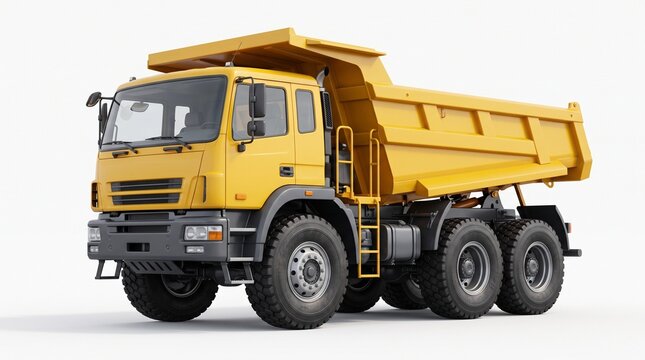 Yellow 6x4 heavy-duty dump truck. Shows a raised dump body, crew cab, large off-road tires, side ladder, and rugged front bumper on a white background.