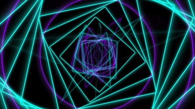Abstract neon geometric warp with glowing rounded squares and seamless loop animation, Futuristic cyan magenta cyberpunk vortex background featuring digital motion graphics and optical design