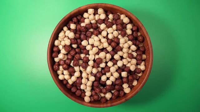 Rotation of chocolate cornballs in wooden bowl on a green table. Top view