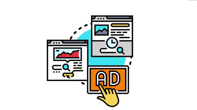 Hand clicking an online advertisement icon, interacting with web pages displaying analytics, data analysis, and performance indicators for effective digital marketing strategy