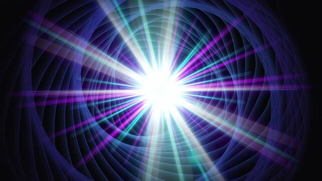 Abstract neon radial warp tunnel with seamless looping light rays, Futuristic cyan purple glowing vortex background with spiral perspective and luminous energy 4k