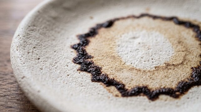 Dried Black Coffee Ring Stain on Matte Ceramic Saucer Showing Natural Capillary Flow Evaporation Pattern Under Soft Indoor Light &mdash; Ultra Macro Coffee Editorial Photography