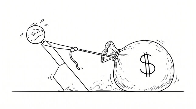 Stick figure struggling to pull a heavy money bag with dollar sign symbol illustration
