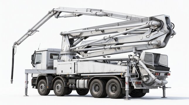 White truck-mounted concrete pump. Shows a multi-section articulated boom with delivery pipe, rear hopper, outriggers deployed, and 6-wheel chassis on a white background.
