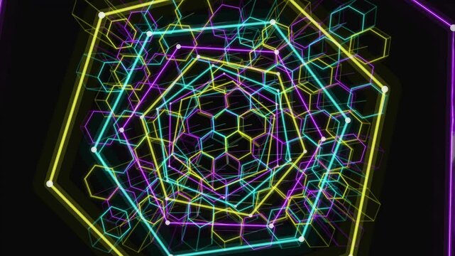 Abstract neon hexagon honeycomb pattern with seamless looping geometric animation, Futuristic cyan magenta yellow wireframe hexagonal grid background with digital technology design 4k
