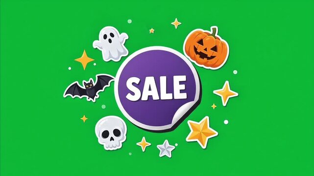 Flat vector illustration, centered composition, bold Halloween-themed sale banner, Halloween Sale Promotional Green Screen Video