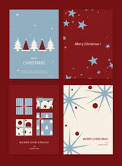 Naklejka premium Christmas and Happy holiday greeting card vector set. Elegant wallpaper with pine leaves, pinecone, christmas tree, wreath. Holidays design illustration for cover, print, poster, Happy New Year, ads.