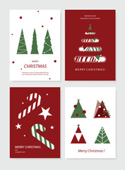 Naklejka premium Christmas and Happy holiday greeting card vector set. Elegant wallpaper with pine leaves, pinecone, christmas tree, wreath. Holidays design illustration for cover, print, poster, Happy New Year, ads.