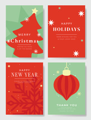 Naklejka premium Christmas and Happy holiday greeting card vector set. Elegant wallpaper with pine leaves, pinecone, christmas tree, wreath. Holidays design illustration for cover, print, poster, Happy New Year, ads.