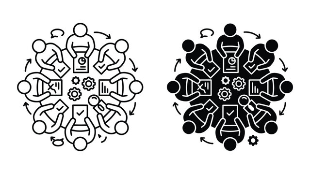 Business team meeting round table discussion icon set with teamwork, business